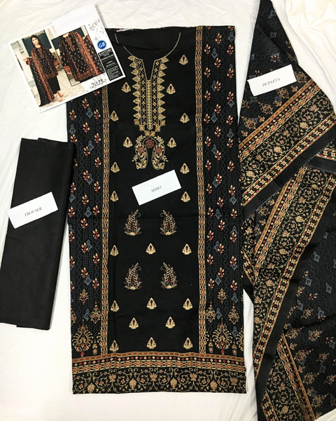 ✨ Elegant Unstitched Black and Golden Embroidered Lawn Three-Piece Suit Set ✨